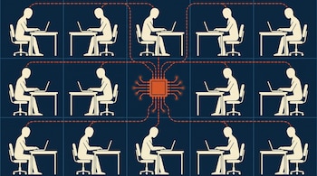 Siluetas de personas trabajando en escritorios conectadas mediante líneas discontinuas naranjas a un microprocesador central sobre un fondo azul.