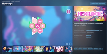 Captura de pantalla de una tienda digital con el título Hexologic, un tablero hexagonal con números y datos técnicos del juego