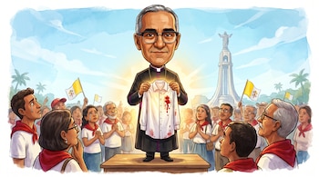 Caricatura de Monseñor Óscar Arnulfo Romero con sotana, mostrando una camisa blanca ensangrentada, rodeado de fieles, monumento al Divino Salvador.