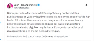 El exministro Juan Fernando Cristo aseguró que se debe restablecer el diálogo con el Banco de la República - crédito @CristoBustos/X