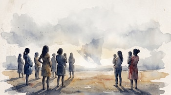 Siluetas en acuarela de mujeres embarazadas y madres sosteniendo bebés en un terreno árido frente a la forma del mapa de Nicaragua.