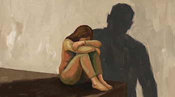 Ilustración de una mujer sentada abrazando sus rodillas junto a una sombra oscura proyectada en la pared.