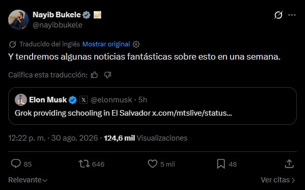 El Salvador y Grok en la educación pública, el anuncio de Nayib Bukele que llega tras un mensaje de Elon Musk