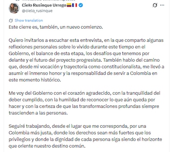 Cielo Rusinque se despide del Gobierno Petro - crédito @cielo_rusinque/X
