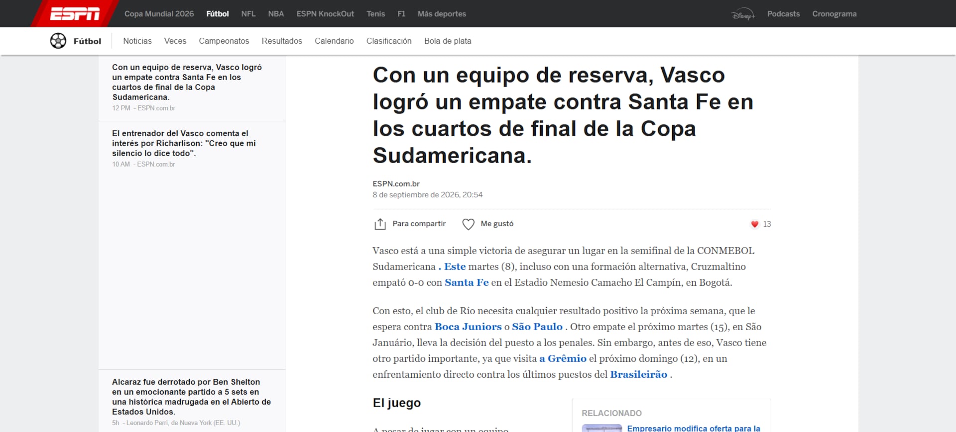 El canal más importante a nivel deportivo detalló el empate de la siguiente forma-crédito ESPN Brasil