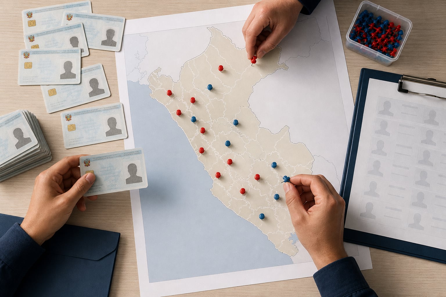 Una revisión del padrón electoral coteja documentos de identidad peruanos sobre un mapa geográfico para verificar el registro de los electores. (Imagen Ilustrativa Infobae)