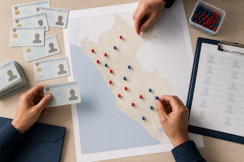 Manos sobre un mapa de Perú colocando pines de colores junto a varios documentos de identidad y una carpeta con planillas.