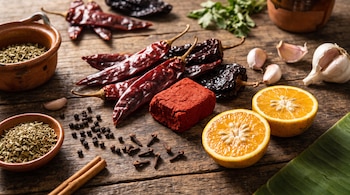 Chiles secos, una pasta roja de achiote, dos mitades de naranja agria, dientes de ajo, especias y orégano en cuencos sobre una mesa de madera.