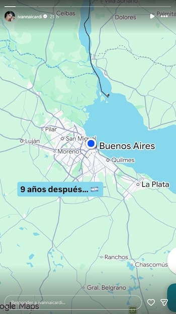Mapa de Google Maps mostrando una ruta hacia Buenos Aires, Argentina. Una burbuja de texto indica "9 años después... 🇦🇷". Arriba se ve el usuario "ivannaicardi"