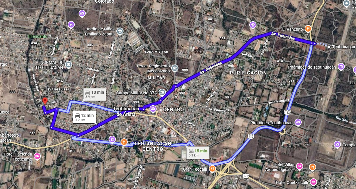 Distancia entre la zona arqueológica y el hotel reservado por el agresor. (Google Maps/Captura de pantalla)
