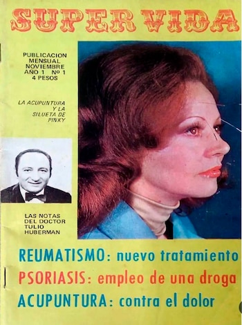 Portada de la revista Super Vida de fondo amarillo. Contiene una foto de una mujer de perfil con agujas de acupuntura y una foto en blanco y negro del doctor Tulio Huberman