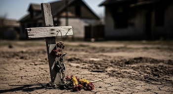 Plano cerrado de una cruz de madera improvisada en tierra agrietada, con flores marchitas y siluetas de casas ennegrecidas desenfocadas al fondo.