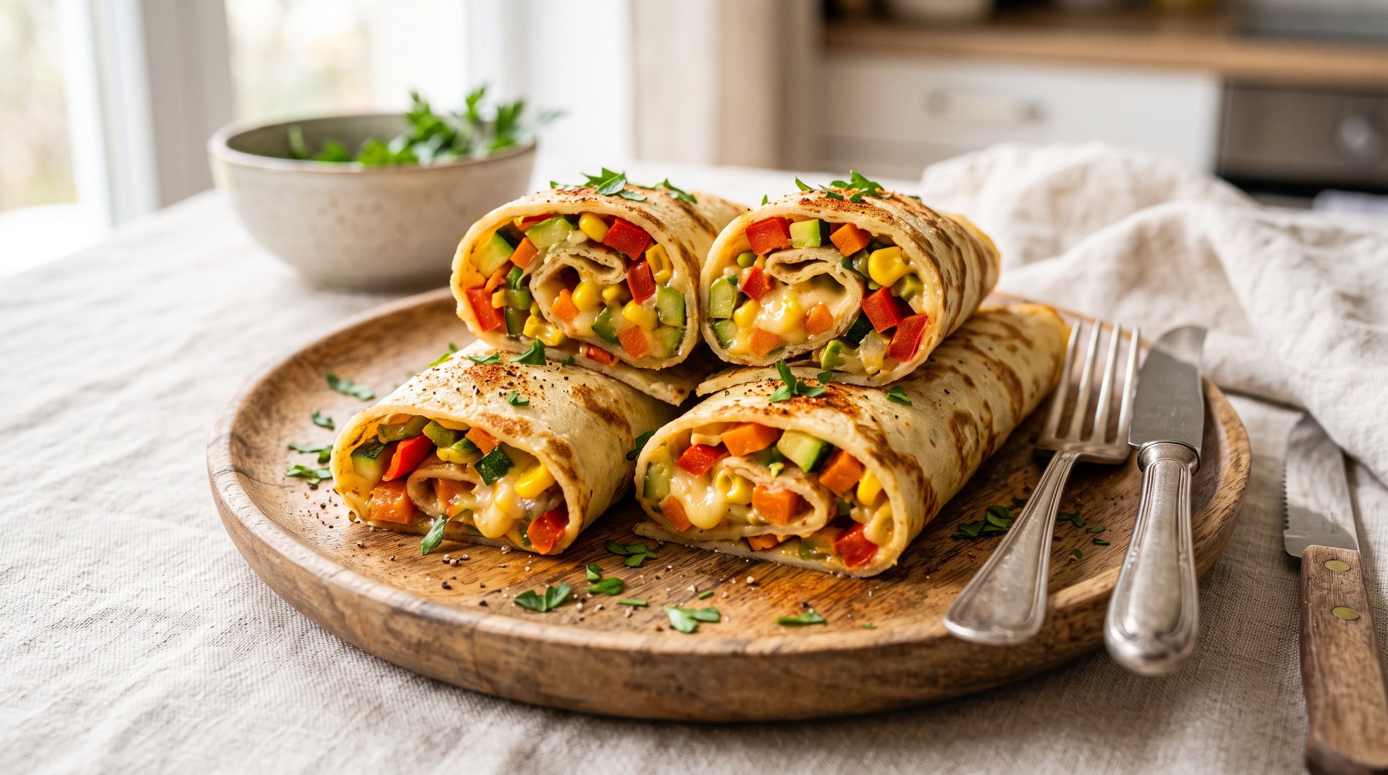 La fainá se transforma en finos panqueques que envuelven un colorido salteado de verduras y queso fresco, combinando tradición y creatividad (Imagen Ilustrativa Infobae)