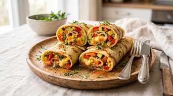 Panqueques enrollados y cortados con relleno de vegetales y queso sobre un plato de madera con un tenedor y un cuchillo al lado.