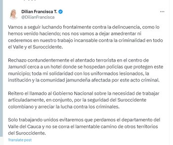 La Gobernadora del Valle, Dilian Francisca Toro, se refirió al acto violento - crédito @DilianFrancisca/X