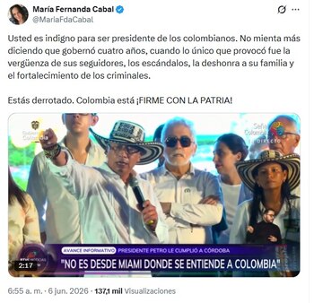 María Fernanda Cabal arremete contra Gustavo Petro y reafirma su apoyo a Abelardo de la Espriella - crédito @MariaFdaCabal/X