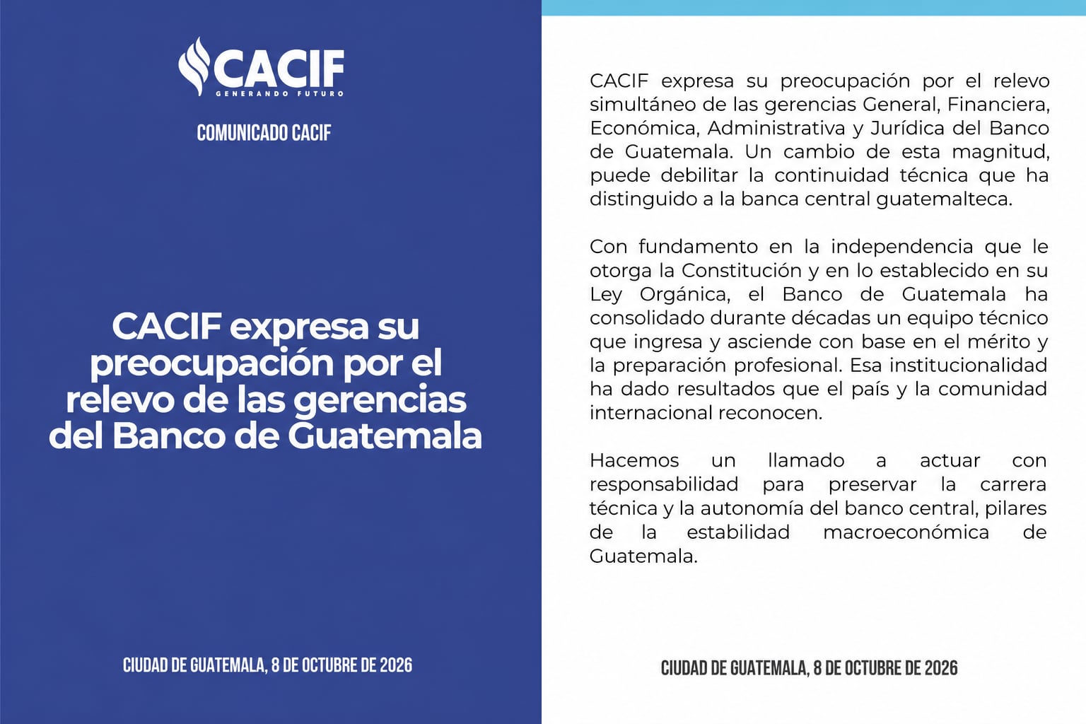 Un comunicado del Comité Coordinador de Asociaciones Agrícolas, Comerciales, Industriales y Financieras señala preocupación por el relevo de gerencias en el Banco de Guatemala. (Imagen Ilustrativa Infobae)