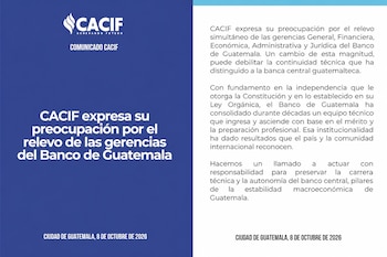 Comunicado gráfico de color azul y blanco titulado CACIF expresa su preocupación por el relevo de las gerencias del Banco de Guatemala.