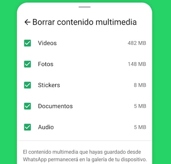 Pantalla de móvil, menú 'Borrar contenido multimedia'. Videos 482 MB, Fotos 148 MB, Stickers 8 MB, Documentos 5 MB, Audio 5 MB. Información WhatsApp