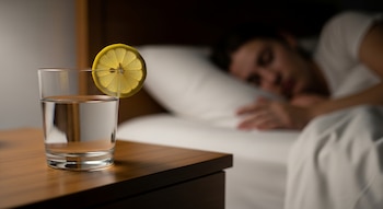 Primer plano de un vaso de agua con una rodaja de limón en una mesita de noche de madera, con una persona durmiendo en segundo plano.