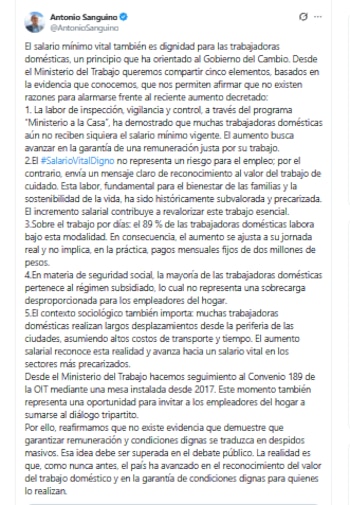 El ministro Antonio Sanguino aseguró que no hay evidencia que indique que el aumento del salario mínimo genere desempleo - crédito @AntonioSanguino/X