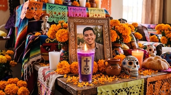 Veladora morada encendida, fotografía enmarcada, flores de cempasúchil, calaveras artesanales, pan y papel picado sobre una mesa de madera.