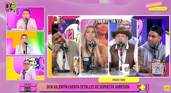Pantalla de televisión con programa de entrevistas. Siete personas frente a micrófonos, logos y texto "DON VALENTÍN CUENTA DETALLES DE SUPUESTA AGRESIÓN"