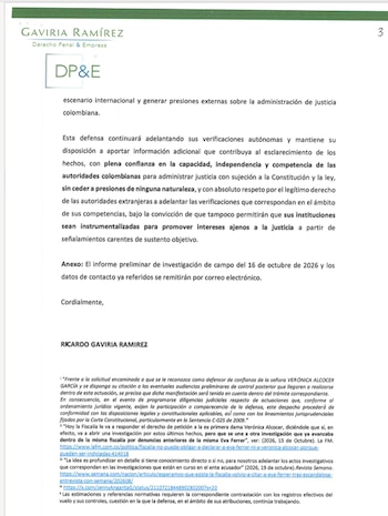 La defensa propuso a la Fiscalía evaluar las declaraciones del exministro Jorge Ignacio Zorro Sánchez, Clara Inés Leyva Durán, Pilar Leyva Durán y Manel Grau Pujadas, quienes podrían aportar información sobre el desplazamiento oficial - cédito @penalyempresa/X