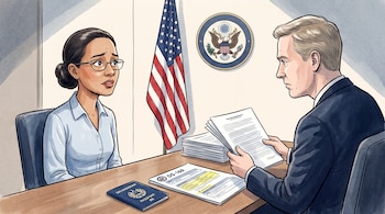 Karla López y oficial consular en un escritorio. Hay un pasaporte salvadoreño, formulario DS-160, documentos, bandera de Estados Unidos y escudo consular.