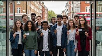 Diez adolescentes de diversas etnias posan frente a un colegio electoral de Londres, sosteniendo identificaciones. Fondo urbano con edificios y un autobús rojo.