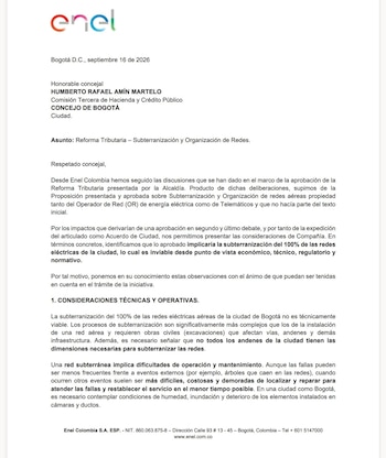 Enel Colombia advirtió que la subterranización total de redes eléctricas aéreas sería inviable por costos, excavaciones, límites regulatorios y condiciones de los andenes - crédito Prensa Concejal Juan David Quintero/Enel Colombia