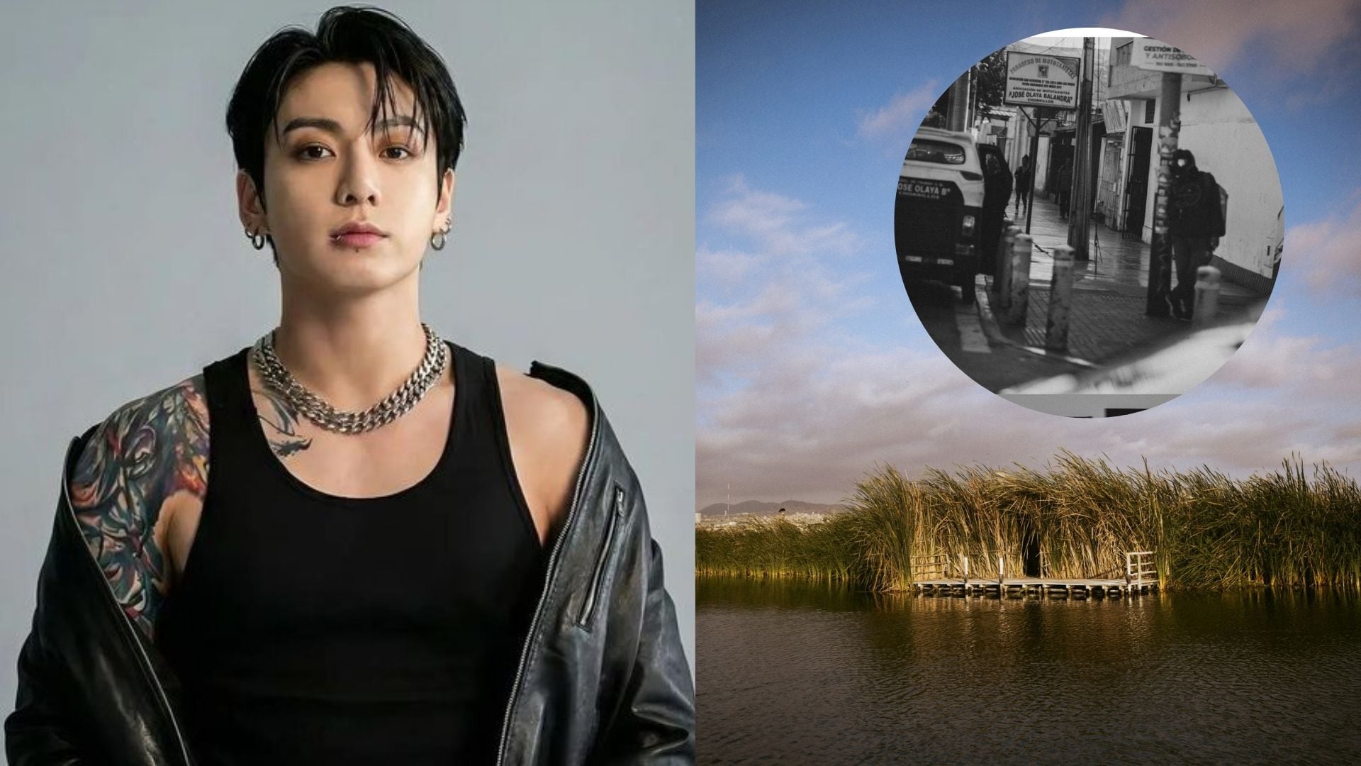 El cantante Jung Kook de BTS aparece junto a fotografías de los Pantanos de Villa y un paradero de mototaxis registrados en la ciudad de Lima.