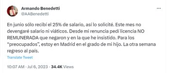 Reapareció Armando Benedetti en España.