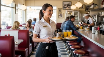 Una camarera sonriente con uniforme sostiene una bandeja con tortitas, zumo de naranja y café en un diner con cabinas rojas y suelo a cuadros.