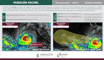 Infografía con mapas satelitales, tablas de pronóstico de lluvias y texto sobre el huracán Rachel de la Comisión Nacional del Agua