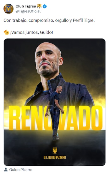 Guido Pizarro renueva como Director Técnico de Tigres hasta el Clausura 2027, con opción de extender hasta 2028. (X/ @TigresOficial)
