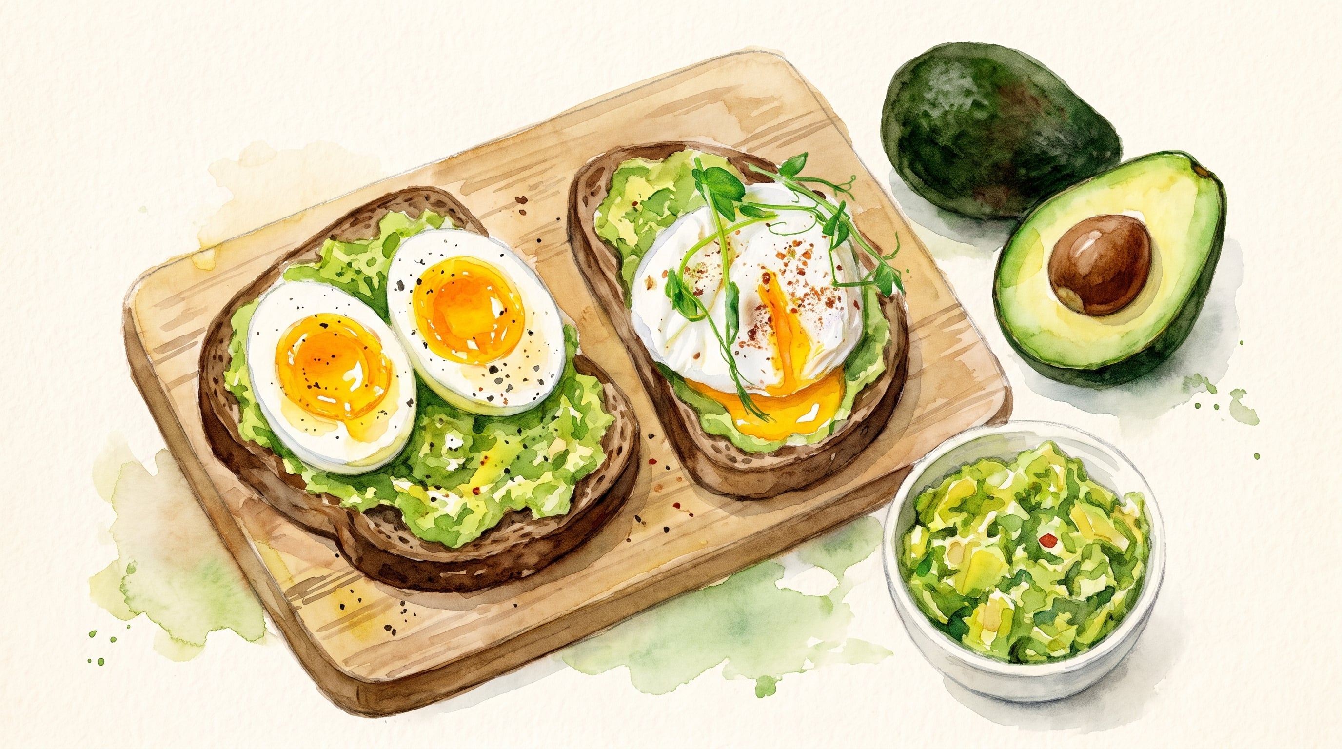 Una ilustración en acuarela presenta dos tostadas con puré de aguacate y huevo sobre una tabla de madera, acompañadas por aguacates y un cuenco con guacamole - crédito (Imagen Ilustrativa Infobae)