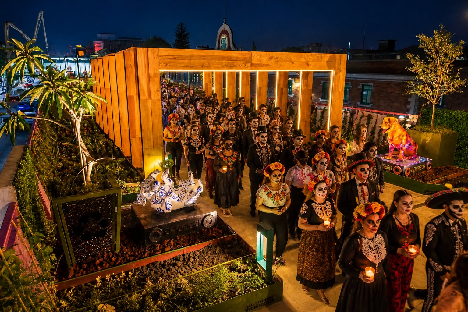 Un grupo de personas caracterizadas como catrines camina con velas encendidas a través de un corredor iluminado durante un recorrido por el Día de Muertos. (Imagen Ilustrativa Infobae)
