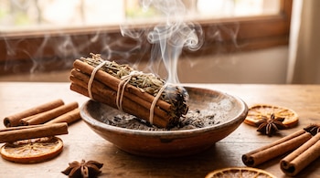 Sahumerio de canela y hierbas atado en cuenco con ceniza, emitiendo humo. Palos de canela, rodajas de naranja y estrellas de anís sobre mesa de madera.