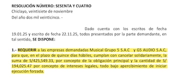 Una resolución judicial ordena a Musical Grupo 5 S.A.C. y G5 AUDIO S.A.C. pagar solidariamente la suma de S/619.574,80.