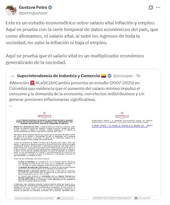 Gustavo Petro, presidente de Colombia, resaltó que el estudio de la SIC confirma que el aumento del salario mínmo es un multiplicador económico - crédito @PetroGustavo/X