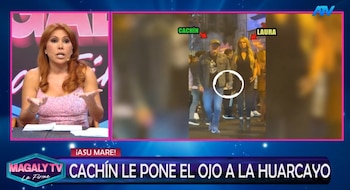 ¿Nuevo romance? Laura Huarcayo y Carlos Alcántara sorprenden con muestras de cariño en el Estadio Nacional. Captura: Magaly TV La Firme.