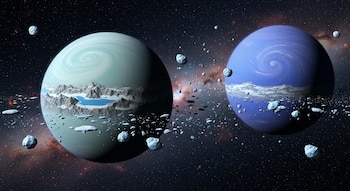 Ilustración de dos planetas, uno azul verdoso y otro azul, con superficies heladas y rocosas, rodeados de fragmentos de hielo y un fondo estrellado.
