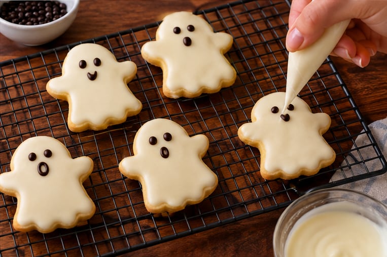 Galletas de mantequilla con forma de fantasma, cubiertas con chocolate blanco y decoradas con ojos negros - VisualesIA