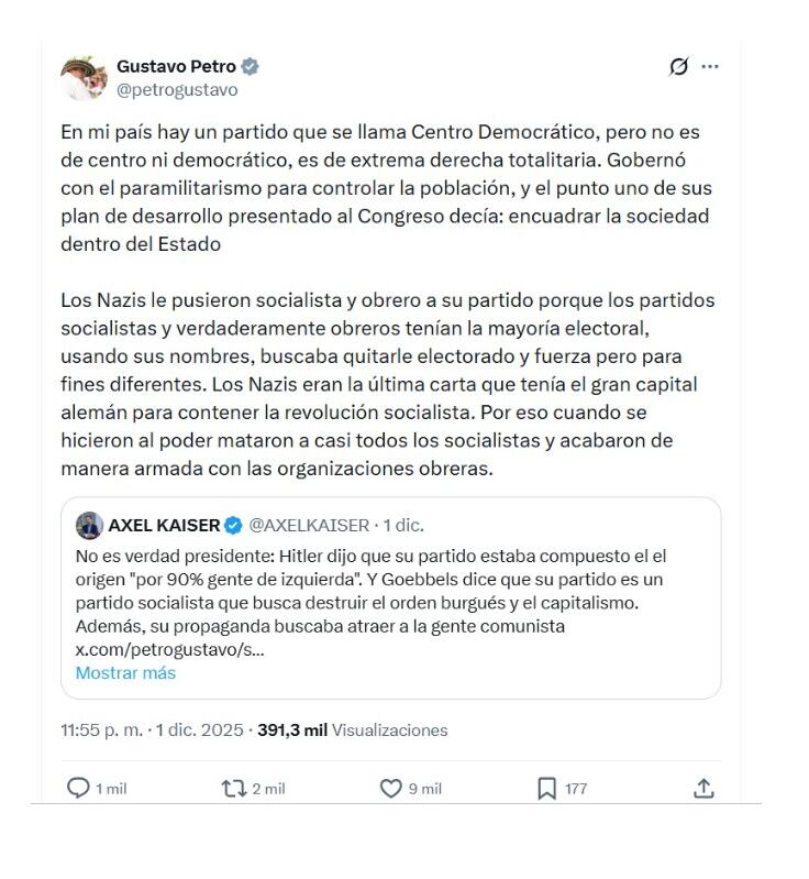 Con este mensaje, el presidente Gustavo Petro lanzó duros dardos al Centro Democrático, al que comparó con el partido Nazi alemán - crédito @petrogustavo/X