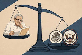 Ilustración de una balanza con Rubén Rocha Moya leyendo en un plato y dos escudos de instituciones de México y Estados Unidos en el otro.