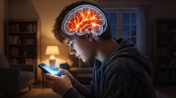 Joven con sudadera oscura mira un teléfono móvil iluminado en sus manos; un cerebro transparente sobre su cabeza irradia luz, en habitación oscura con ventana.