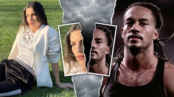 Imagen compuesta de Suhaila Jad sentada en el césped a la izquierda y Andrés con dreadlocks a la derecha, con una foto partida de ambos y cristal roto en el centro.