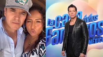 Un hombre con gorra y una mujer en primer plano junto a Héctor Sandarti con chaqueta de cuero y el logo de La Casa de los Famosos México.