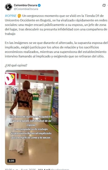 El caso se conoció en redes sociales la noche del jueves 8 de octubre de 2026 - crédito Colombia Oscura/X